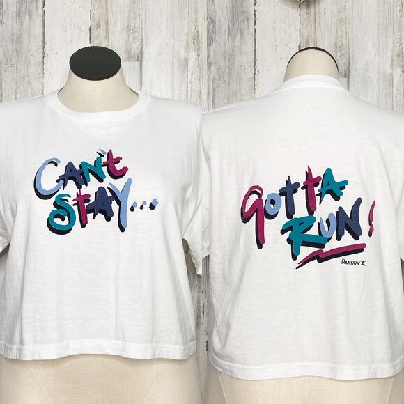 Vintage Danskin Can't Stay...Gotta Run! Graphic Tee White Crop 90s Gym Size L - Picture 1 of 7